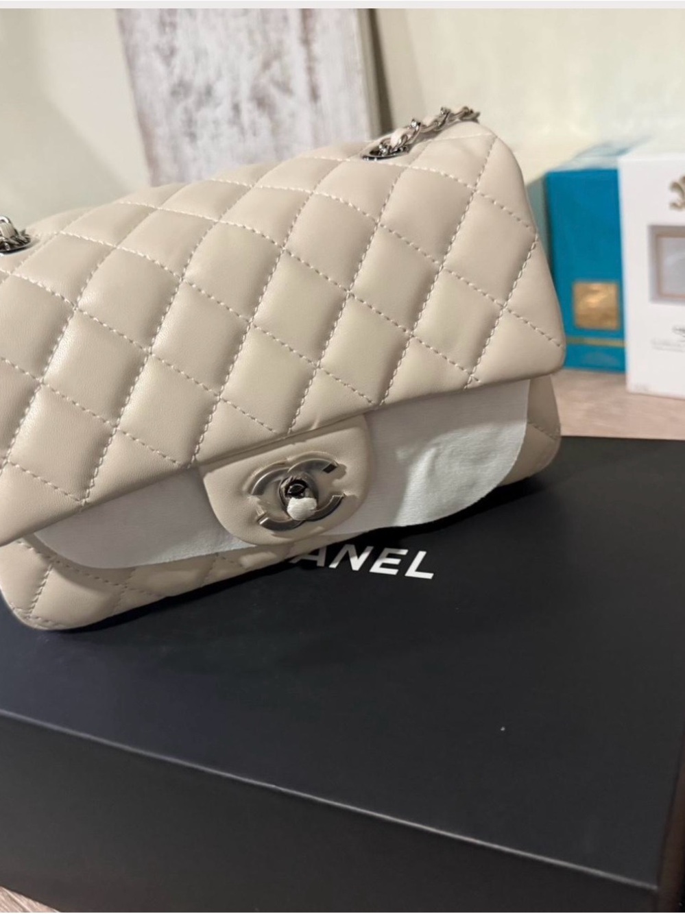 Quilted Flap Shoulder Bag in Beige Cream